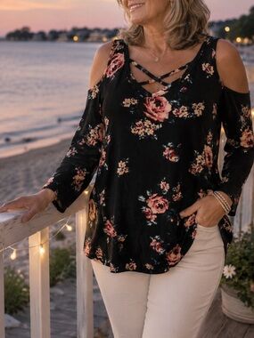 George Black Floral Cold Shoulder Top Size 1X Long Sleeve Crisscross Neck